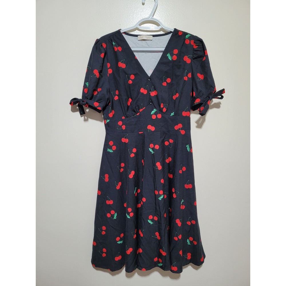 Belle Poque Cherry Print Dress‎ Womens Medium Black Red Retro Rockabilly